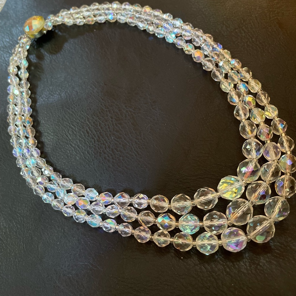 Vintage Triple Aurora Borealis Faceted Crystal Necklace.